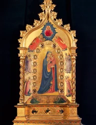 A Virgem tem a Estrela Relíquia com a Virgem e o Menino, São Pere, São Pedro, São Domingos e São Tomás de Aquino. Pintura em madeira por Guido di Pietro (ou Fra Giovanni da Fiesole) dit Fra Angelico ou il Beato (1400-1455) 1434 Dim. 84x51 cm Florença,