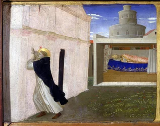 O sonho de Inocêncio III - parte inferior (a predela) da «Coroação da Virgem», representando Cristo no túmulo e seis episódios da vida de São Domingos, fundador da ordem a que Angelico pertencia, por Guido di Pietro (ou Fra Giovanni)