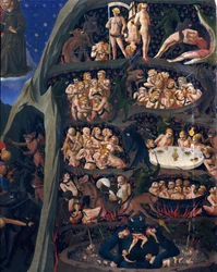 O julgamento final: inferno. As almas dos condenados sujeitos à tortura nos círculos do Inferno. O diabo lá em baixo tem uma delas. Pintura de Guido di Pietro (ou Fra Giovanni da Fiesole) dit Fra Angelico ou il Beato (1400-1455)