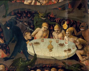 O julgamento final: as maldições são maltratadas por demônios no submundo. Pintura de Guido di Pietro (ou Fra Giovanni da Fiesole) dit Fra Angelico ou il Beato (1400-1455)