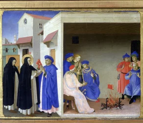 O milagre de São Domingos: o santo entrega aos albigenses o livro que refuta a sua heresia e os albigenses tentam queimá-lo sem êxito - Predela da «Coroação da Virgem» por Guido di Pietro (ou Fra Giovanni da Fiesole), chamado Fra Angelico