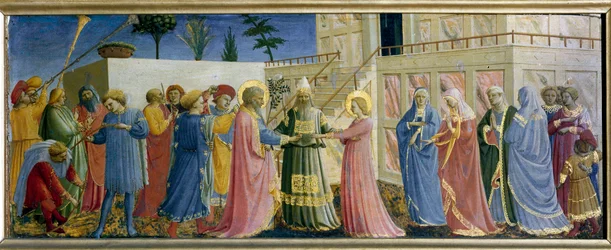 O casamento da Virgem Predelle. Pintura em madeira por Guido di Pietro (ou Fra Giovanni da Fiesole) dit Fra Angelico ou il Beato (1400-1455)