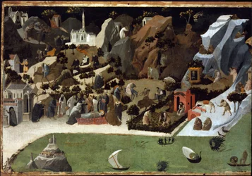 Thebaide - Cenas da Vida dos Pais do Deserto (Thebaid) - Peinture de Fra Giovanni (Guido di Pietro) dit Fra Angelico (1387-1455) - 1420 - Tempera no painel - 73,8x105 cm - Szepmuveszeti Muzeum, Budapeste, Hungria