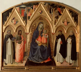 Virgem e Criança rodeadas por Santa Domingas, São João Batista, São Tomás de Aquino e São Pedro mártir. (Tríptico de São Pedro de Verona, tempera no painel