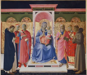 Virgem e criança com seis santos, Pedro, Cosmas e Damião, São João, São Lourenço e São Francisco. Detalhe do retábulo de Annalena (Pintura em madeira