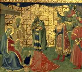 Adoração dos Magos, detalhe de um painel predella, temperamento 1434 no detalhe do painel 98904