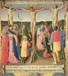 Cristo na cruz entre os dois ladrões, detalhe do painel quatro do tesouro de prata de Santissima Annunziata, c.1450-53 (têmpera no painel)