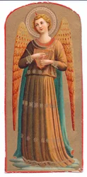 Estampa litográfica a cores: anjo de Fra Angelico com instrumento musical, c. 1910