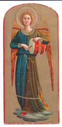 Cor litho print fra anjo angelico tocando um tambor, c. 1910