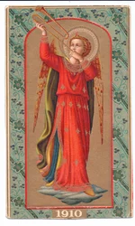 Cor litho print fra anjo angelico tocando uma trombeta, c.1910