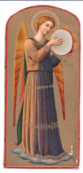 Cor litho print fra anjo angelico tocando pandeiro, c. 1910