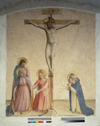 Crucificação com a Virgem Maria São Domingos. Inscrição "INRI" na cruz