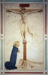 A crucificação com São Domingos. Inscrição "" INRI "" na cruz. Fresco de Guido di Pietro