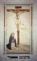 A crucificação com São Domingos. Inscrição "" INRI "" na cruz. Fresco de Guido di Pietro