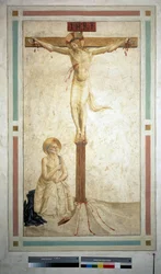 A crucificação com São Domingos. Inscrição "" INRI "" na cruz. Fresco de Guido di Pietro