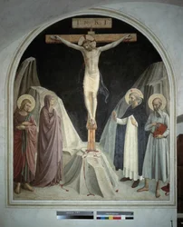 A crucificação de Cristo com a Virgem Maria, São João Evangelista, São Jerônimo, São Domingos. Inscrição "" INRI "" na cruz. Fresco de Guido di Pietro