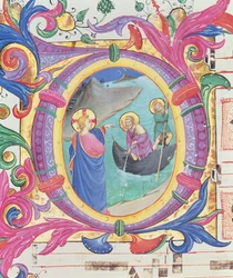 Missal 558 f.9r O inicial de Historiated descrevendo o projecto milagroso de peixes (detalhe de 88928)