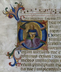 Ms 531 f.169v Historiated inicial &39;D&39; representando o rei David com sua lira, de um saltério de San Marco e Cenacoli