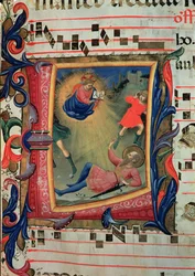 Ms 558 f.21v Historiated inicial descrevendo a conversão de St. Paul, detalhe de um missal, início dos anos de 1430