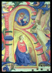 Ms 558 f.33v A Anunciação retratada em um R inicialista historiated, detalhe de um Missal, detalhe de pergaminho do início dos anos 1430 de 88932