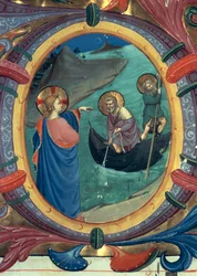 Ms 558 f.9r O Chamado de St. Peter e St. Andrew, detalhe de historiated inicial O de um Missal, início de 1430 detalhe de velino de 88928