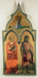 SS. Jerônimo e João Batista, painel lateral de Nossa Senhora e Criança com o Tabernáculo da Santíssima Trindade, c.1430 (têmpera no painel) (ver também 94746, 94748)