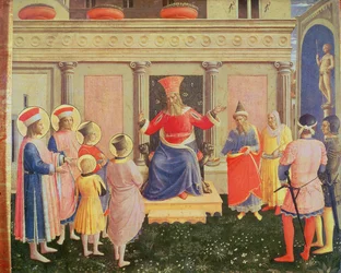 Santos Cosme e Damião e seus irmãos diante do procônsul Lysias, da predella do retábulo de São Marcos, 1438-40 (têmpera no painel)