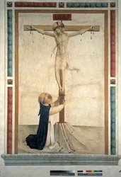 A crucificação com São Domingos. Inscrição "" INRI "" na cruz, 1442