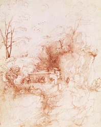 Paisagem rochosa com mosteiro, desenho de Fra Bartolomeo (1472-1517).