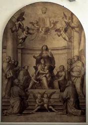 Pala del Gran Consiglio representando Santa Ana, a Virgem e os meninos Jesus e São João Batista cercados por Santos.