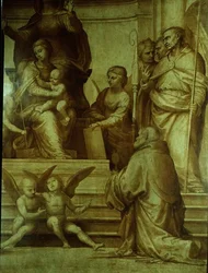 O Grande Retábulo do Conselho, detalhe representando os santos reunidos à esquerda da Virgem, 1510