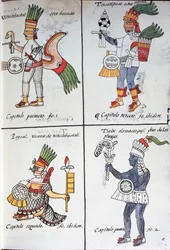Deuses dos antigos mexicanos, Huitzilopochtli, Tezcatlipoca, Tlaloc e Paynal, texto em espanhol, do fac-símile do manuscrito História Geral das Coisas da Nova Espanha, também conhecido como Codex Florentino, de Bernardino de Sahagun