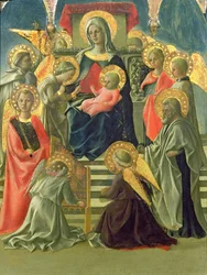 Madonna e criança entronizados com anjos e santos (têmpera no painel) (ver também 63779)