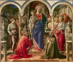A Virgem e o Menino rodeados de anjos, São Frediano (Fridianus de Lucca ou Frigidanus, Frigidian, Frigianu) e Santo Agostinho, conhecido como Pala Barbadori, Altarpiece de Filippo Lippi (1406-1469) 1437-1438. Patrocinado pela família Barbadori para a Ordem