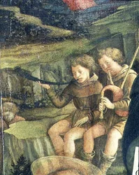 Dois Pastores Musicais, detalhe da Natividade, 1470