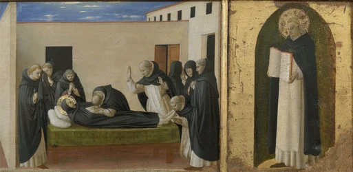 Morte de São Domingos e São Tomás de Aquino. Cortona Polyptych detalhe da predella, c1437.