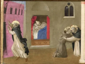 O Sonho do Papa Inocêncio III. Cortona Polyptych detalhe da predela, ca 1437.