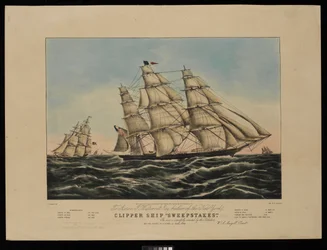 A Aaron J Westervelt Esq. construtor do navio clipper de Nova Iorque Sweepstakes esta gravura é respeitosamente dedicada pelos editores..., litografia, colorida (litografia, colorida)