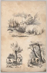 Vinheta com duas ovelhas, Vinheta com duas vacas na piscina e Vinheta de um lenhador..., 1847.