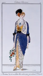 Fantasias parisienses: Casaco de noite em cetim azul cinzento com caimento irlandês. Desenho de Francisco Javier Gose (1876-1915) Ec. Esp.