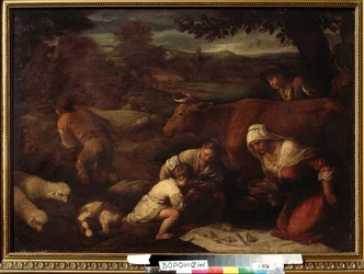 ""Le soir"" (Noite) Família de pastores, mulheres e crianças almoçando na grama. Pintura da comitiva de Jacopo Bassano (da Ponte) (1510-1592) Século XVI Ivan Kramskoy (ou Kramskoi) Museu de Belas Artes de Voronezh (Voronezh), Rússia.