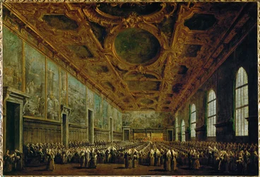 Após a sua eleição, o Doge agradece ao Grande Conselho na Sala do Grande Conselho do Palácio Ducal em Veneza, Itália ...