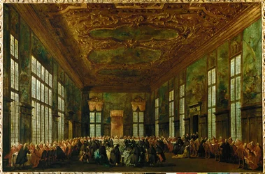 Refeição cerimonial no Palácio Ducal, na sala do Grande Conselho, com o Doge sentado ao centro em segundo plano ...