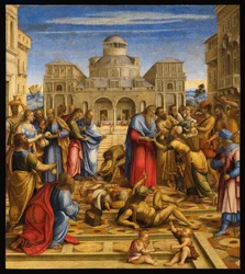 São João Misericordioso (João V de Alexandria ou João de Chipre) (556-619), Patriarca Ortodoxo de Alexandria, distribuindo dinheiro aos pobres nas ruas da cidade - João Misericordioso em Alexandria - Pintura de Francesco di Bernardo de Vecchi Santacr