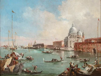 O Grande Canal com vista para Santa Maria Della Salute e a Dogana, c.1800-50 (óleo sobre tela)
