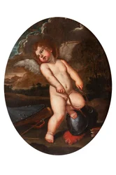 Putto alado quebra instrumentos de Minerva