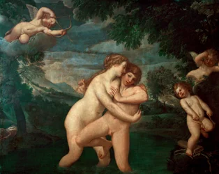 Salmácis no banho, rejeitada por Hermafrodito. A ninfa Salmácis, apaixonada pelo filho de Hermes e Afrodite, vê os seus avanços rejeitados - Pintura de Francesco Albani, dito l