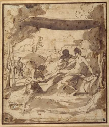 Vénus, reclinada sob um dossel rústico, com Adonis a prender a sua sandália (caneta e tinta com lavagem sobre papel)