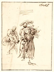 Esboço de mulher andando com uma criança ao seu lado e uma figura sentada atrás