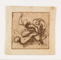 Estudo de duas figuras masculinas de luta (caneta e tinta marrom e lavagem)